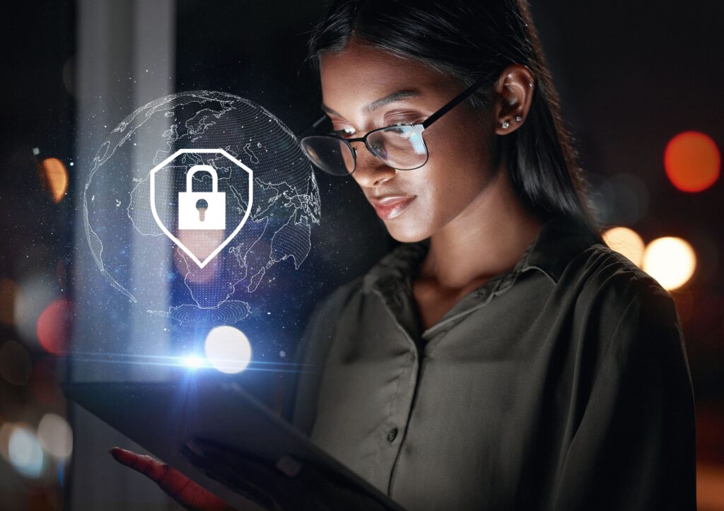Woman looking at holographic lock symbol