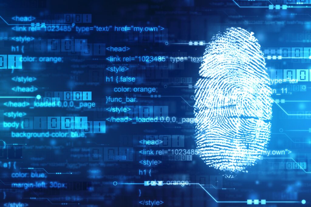 A digital fingerprint over blue "tech style" coding text and numbers.