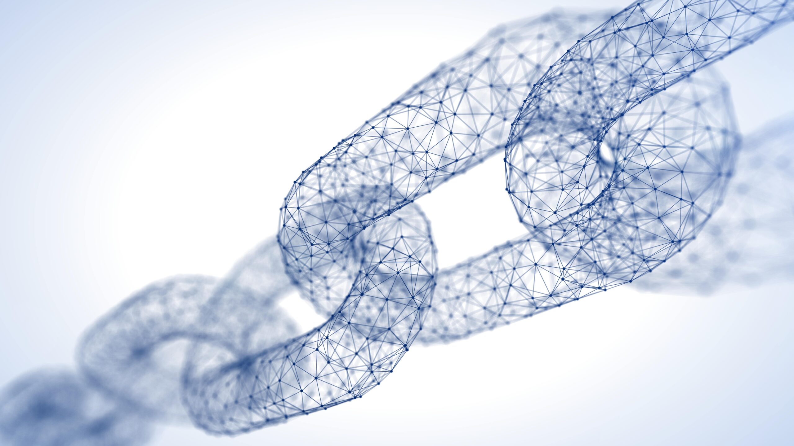 Abstract 3D chain made of interconnected nodes and lines, symbolizing strength, connection, and digital networks.