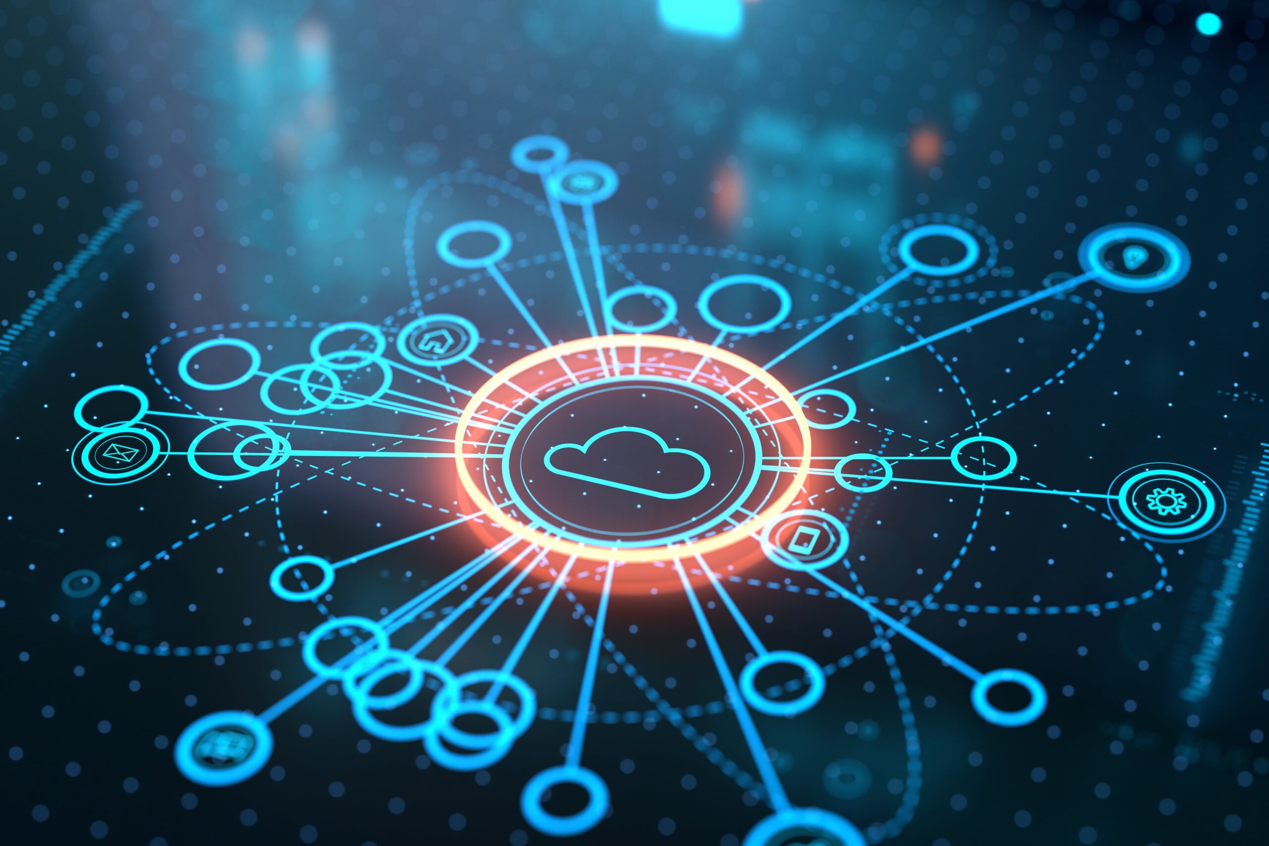 Digital cloud icon at the center of a glowing network, with lines connecting to various circular icons, symbolizing cloud connectivity and data flow.