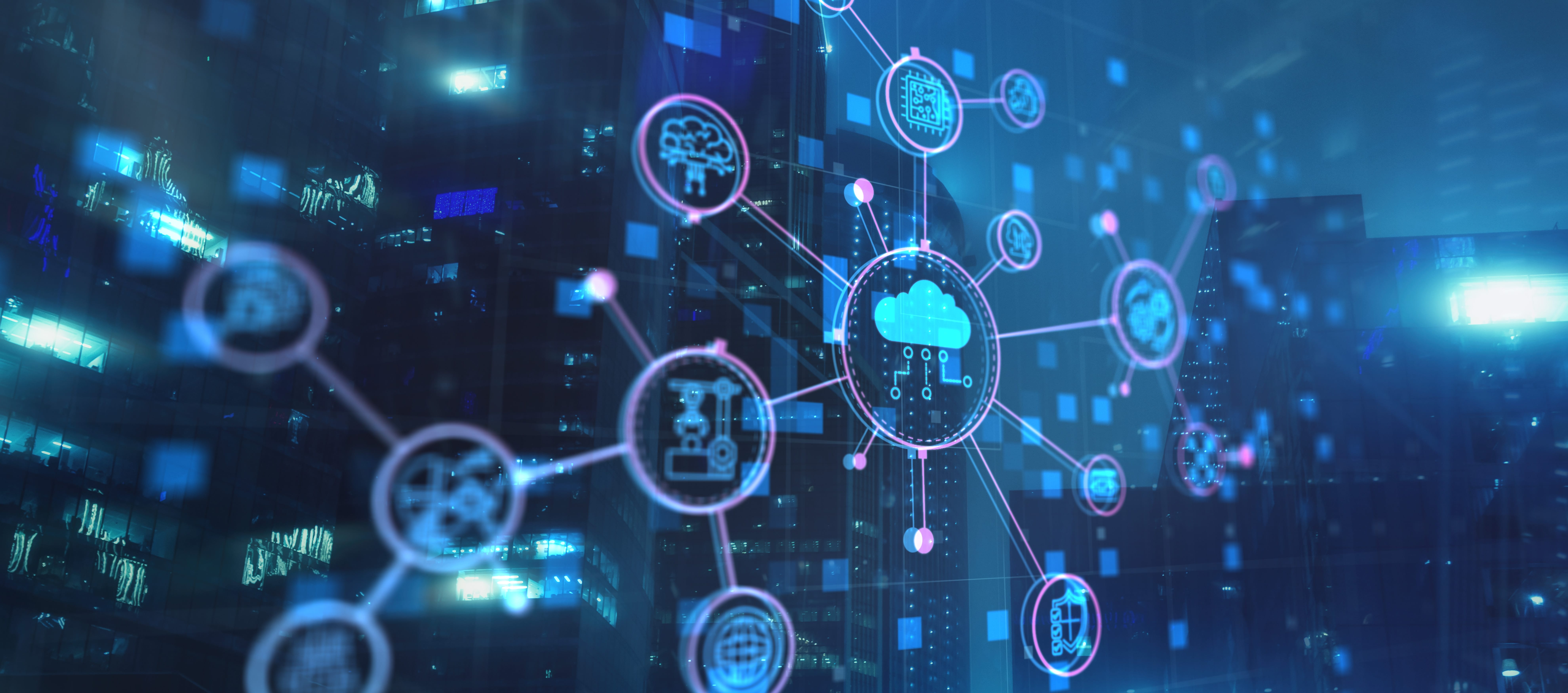 Futuristic city backdrop with digital cloud icon at the center of a connected network of technology symbols, representing cloud computing and interconnected systems.