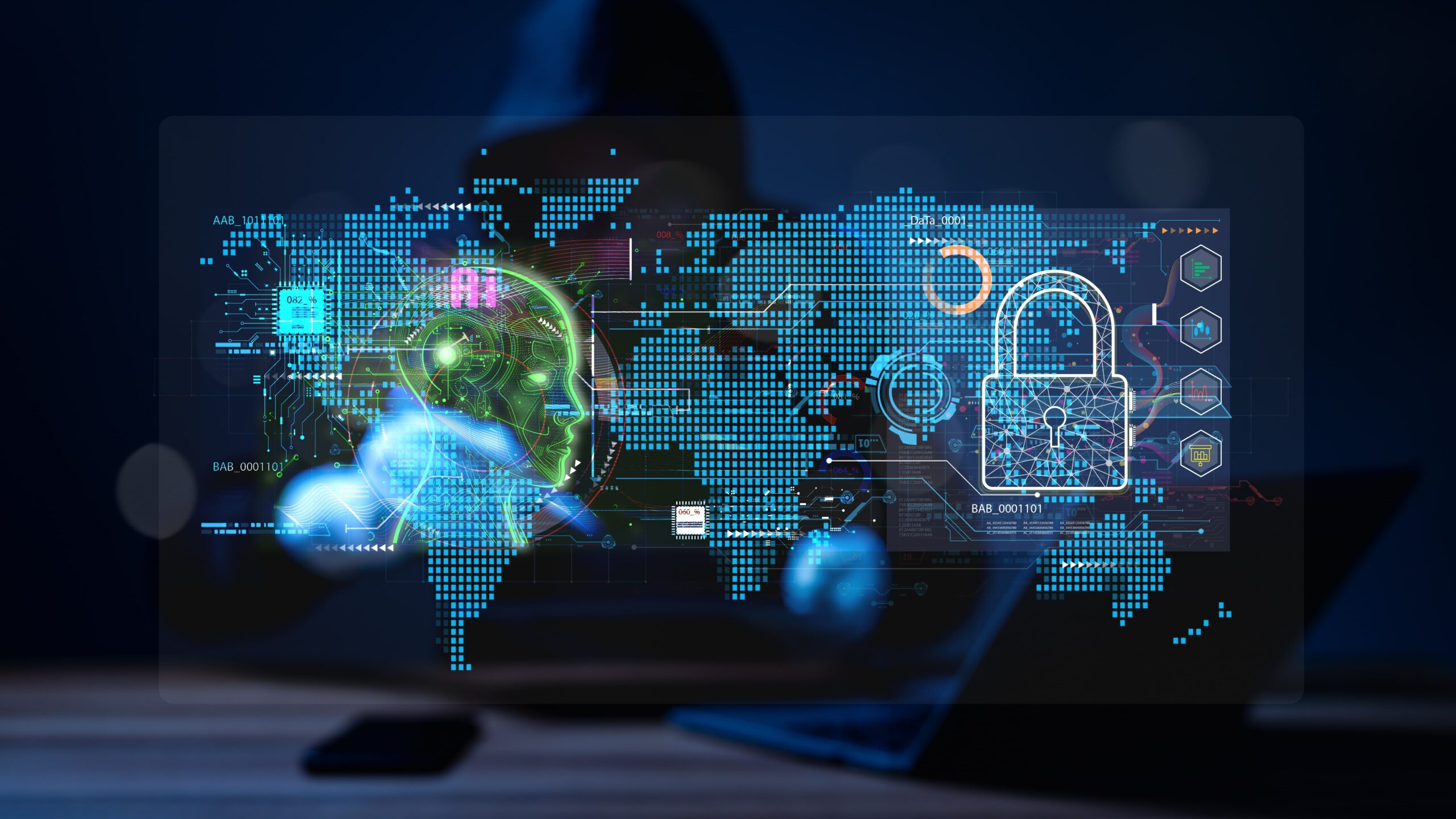 Digital interface displaying a global map, AI-generated face, and padlock symbol, representing cybersecurity, artificial intelligence, and secure data transmission across networks.