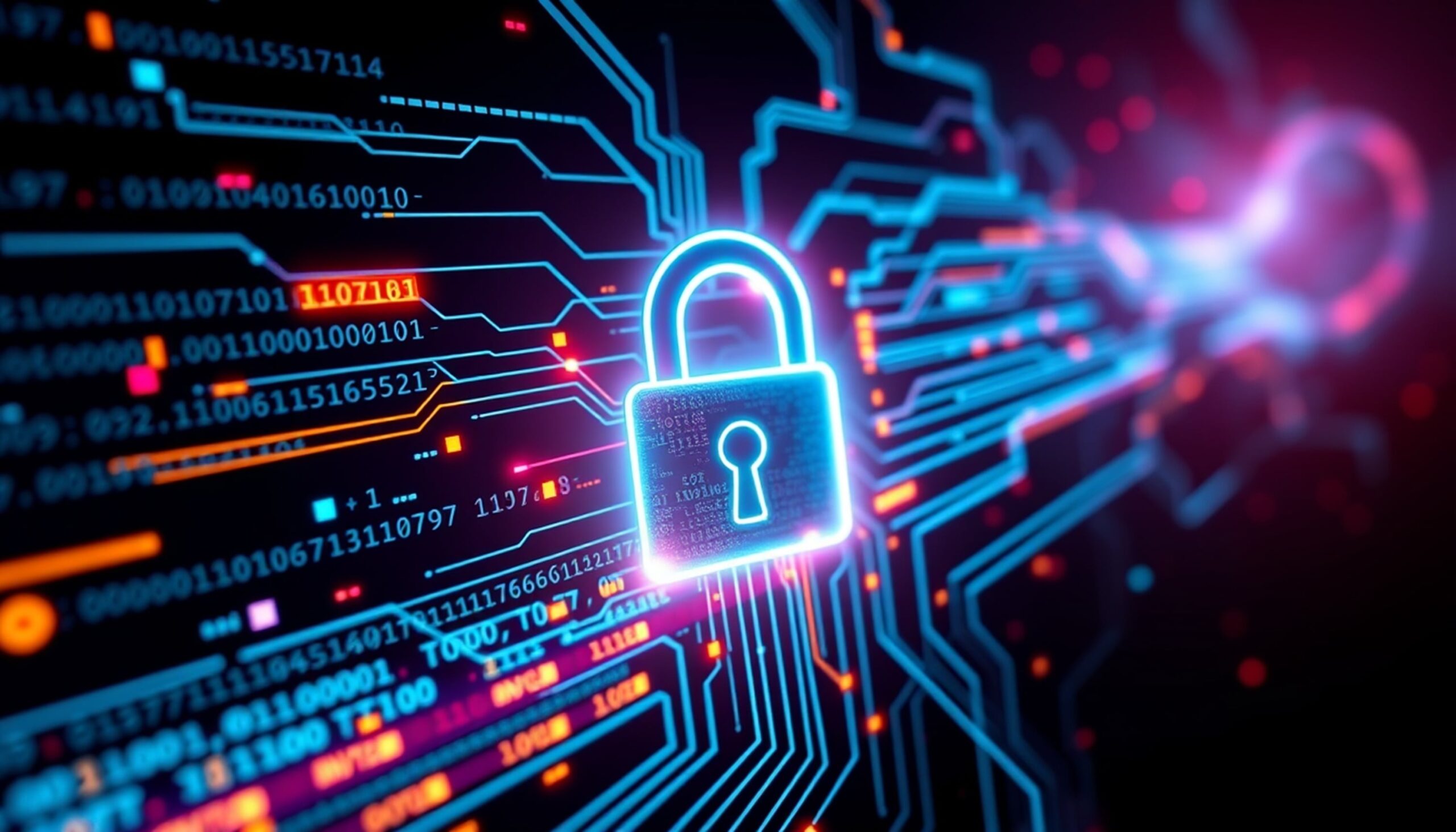 Digital illustration of a glowing padlock icon symbolizing cybersecurity, overlaid on a circuit board with binary code and neon lines representing data flow and network protection.