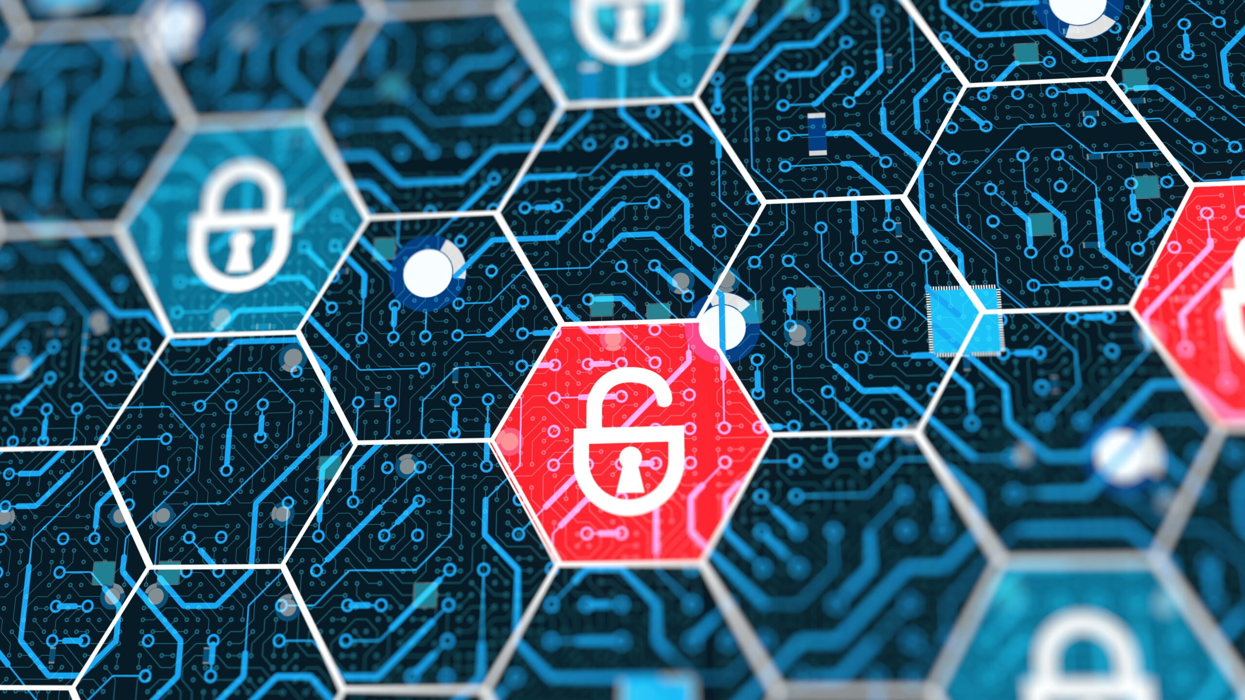 Digital hex grid with padlocks and a highlighted breach icon