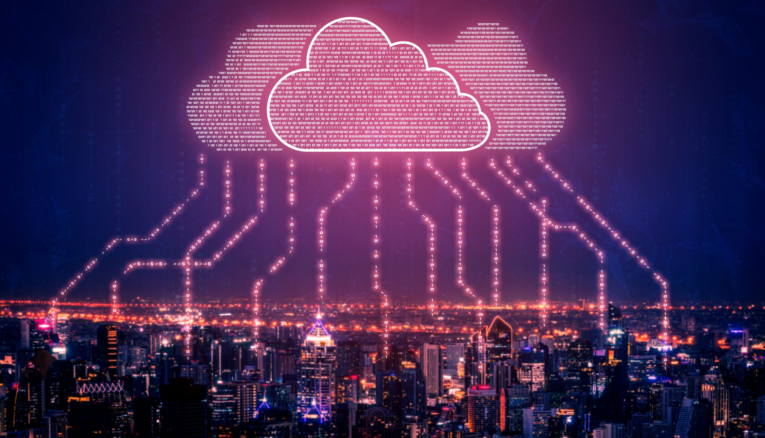 Cloud security concept with data streams over a city