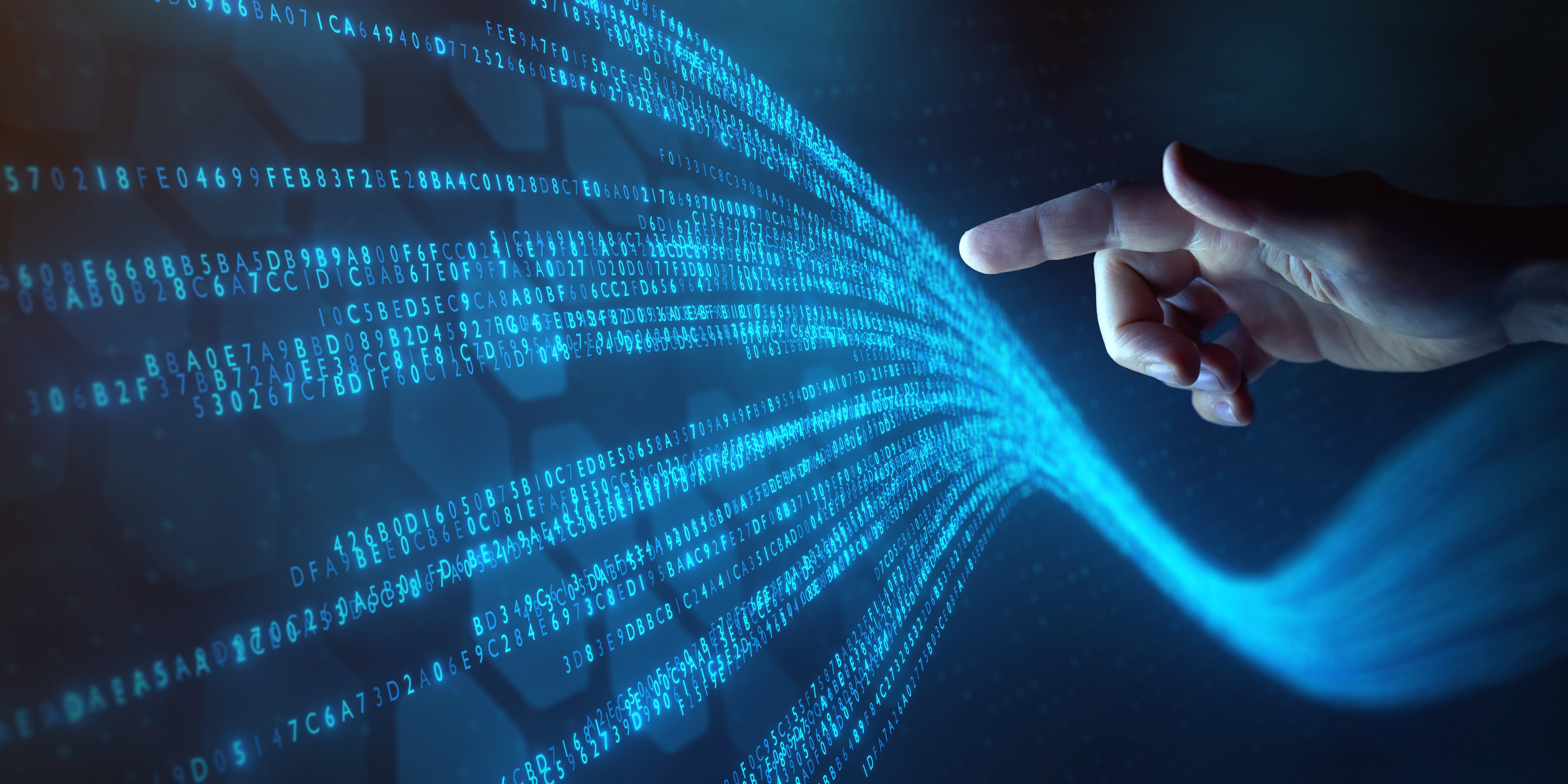 Hand interacting with flowing binary code, representing data transmission, AI, or digital transformation.