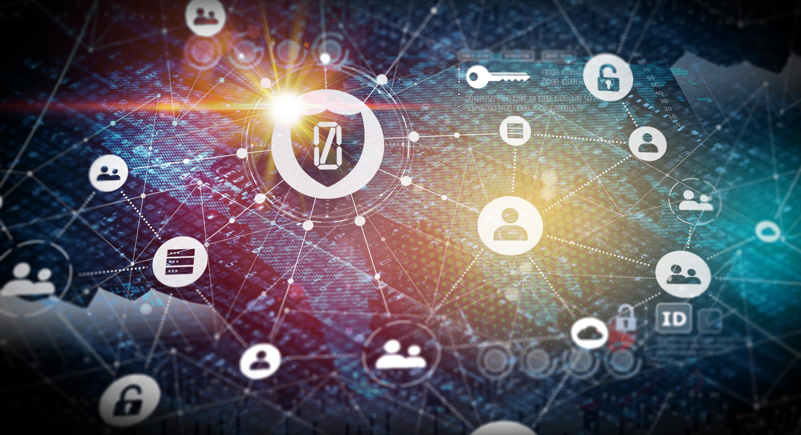 Endpoint security network with icons for access control, users, and encryption