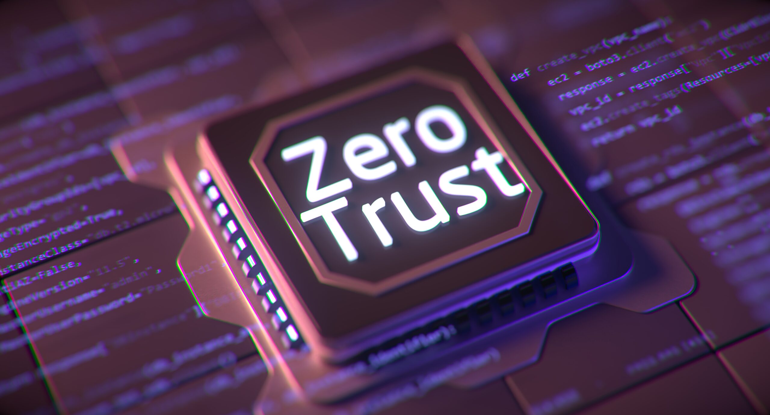 Zero Trust concept represented as a microchip on a digital board