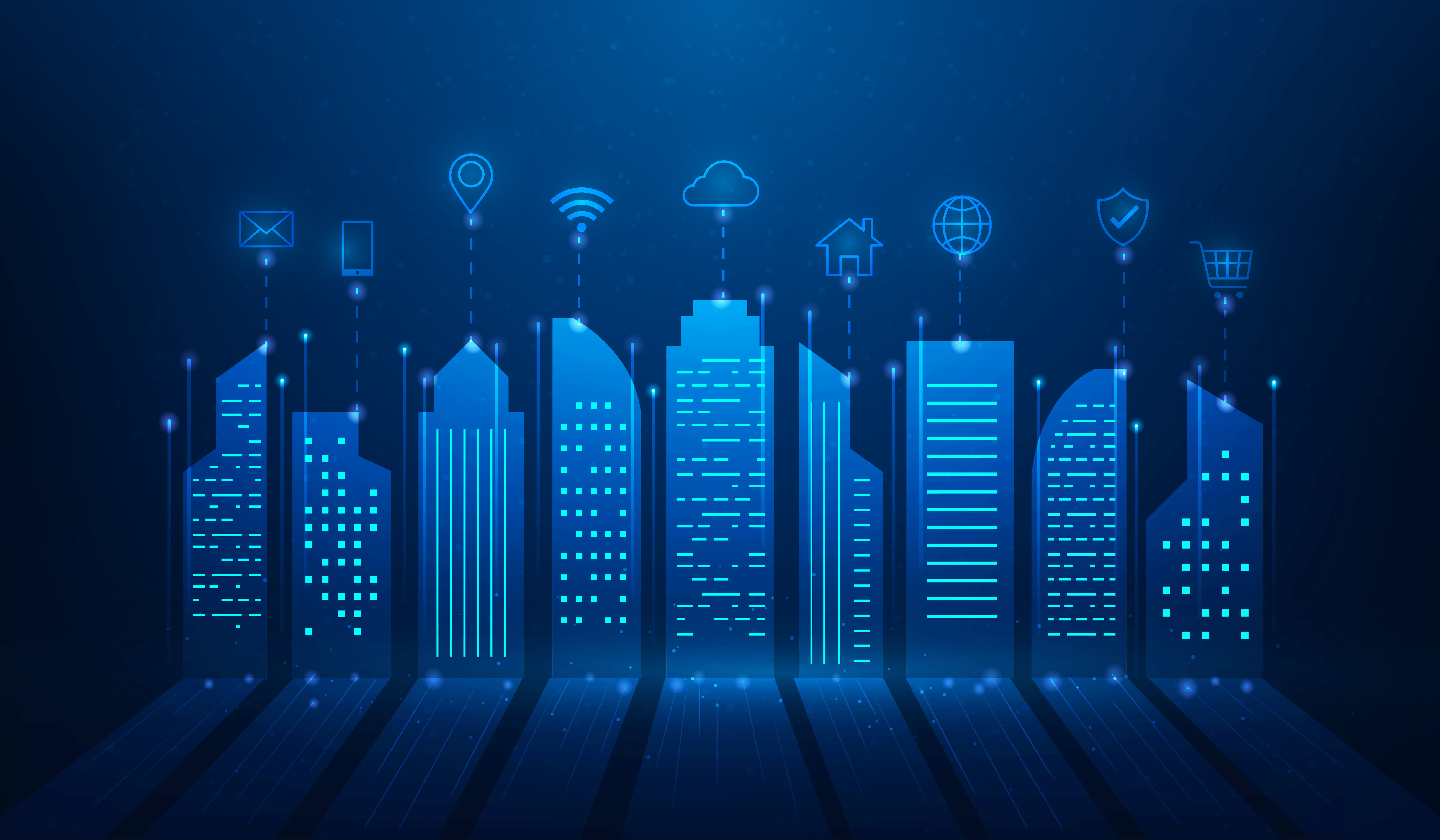 Illustration of a digital smart city skyline with icons for cloud, Wi-Fi, data, and security hovering above buildings, representing connected infrastructure and IoT integration.
