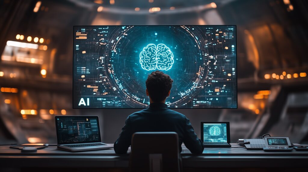 Person sitting at a workstation with multiple screens displaying a digital brain and AI interface, in a futuristic control room.