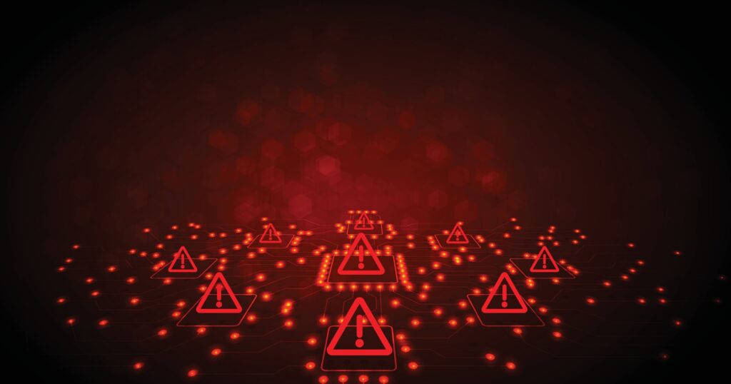 Abstract digital warning signs glowing red with exclamation marks, symbolizing cybersecurity threats or system alerts on a dark network background.