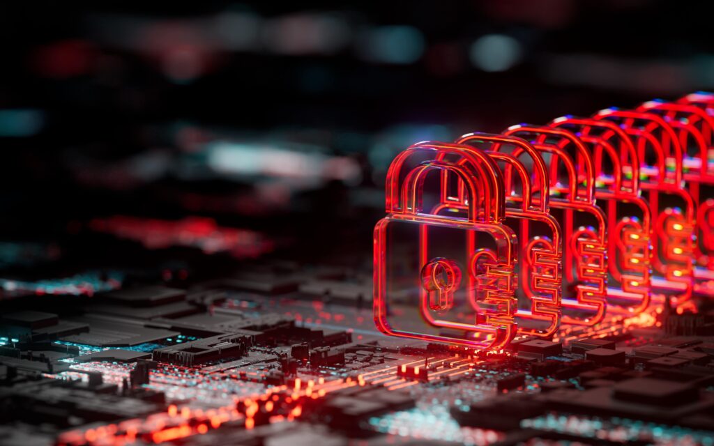 Row of glowing red padlock icons over a digital circuit board, symbolizing cybersecurity, and SOCaaS solutions.