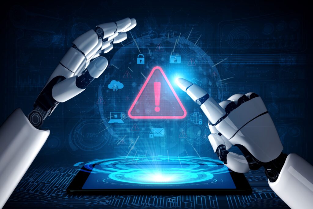 Robotic hands interact with a glowing digital tablet displaying a red security warning icon, symbolizing cyber threats and the need for advanced vulnerability scanning.
