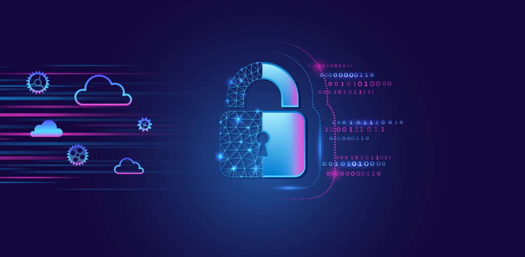 Digital padlock with cloud icons and flowing data, representing cybersecurity, data protection, and cloud security