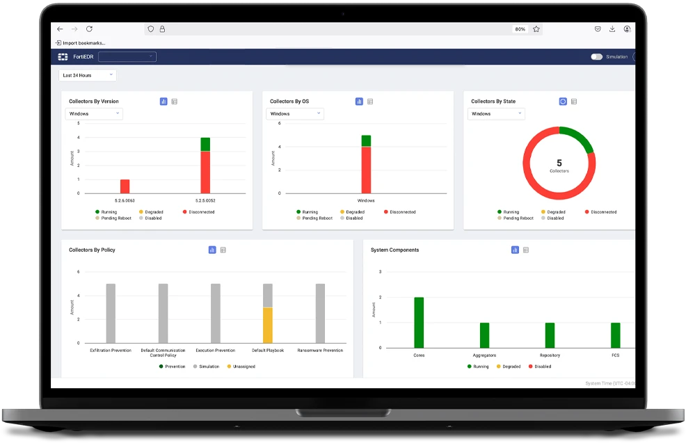 FortiEDR endpoint security dashboard displayed on a laptop.