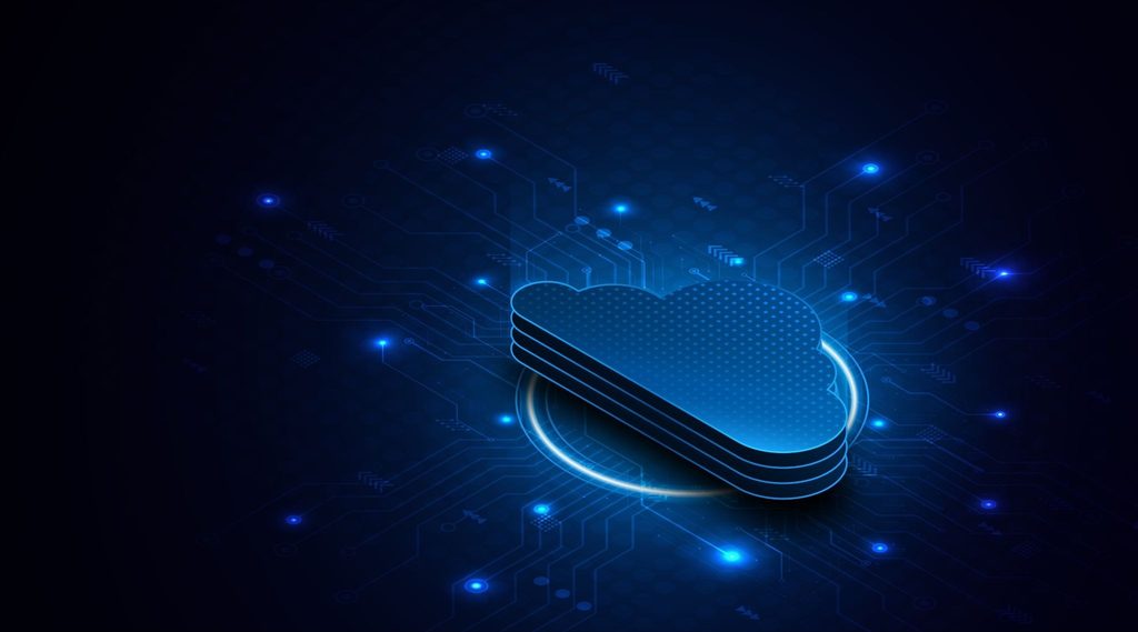 Glowing blue cloud computing icon hovering above a digital circuit board
